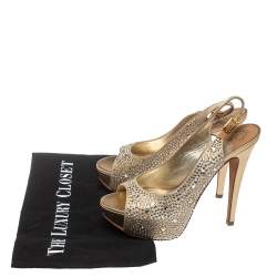 Gina Beige Satin Crystal Embellished Platform Peep Toe Slingback Sandals Size 37