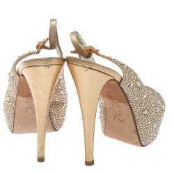 Gina Beige Satin Crystal Embellished Platform Peep Toe Slingback Sandals Size 37