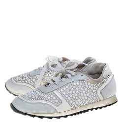 Pre Owned Gina White Satin And Leather Crystal Embellished Lace Up Sneakers Size 40