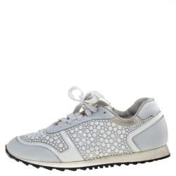 Pre Owned Gina White Satin And Leather Crystal Embellished Lace Up Sneakers Size 40
