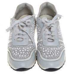 Pre Owned Gina White Satin And Leather Crystal Embellished Lace Up Sneakers Size 40