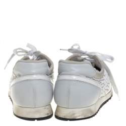 Pre Owned Gina White Satin And Leather Crystal Embellished Lace Up Sneakers Size 40