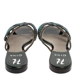 Pre Owned حذاء فلات جينا أولسون جلد أخضر مزخرف بالكريستال مقاس 39 