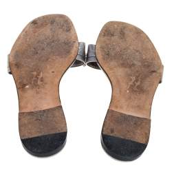 Pre Owned Gina Grey Leather Crystal Embellished Thong Flat Slides Size 38.5