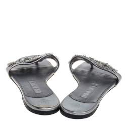 Pre Owned Gina Grey Leather Crystal Embellished Thong Flat Slides Size 38.5
