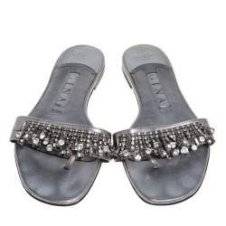 Pre Owned Gina Grey Leather Crystal Embellished Thong Flat Slides Size 38.5