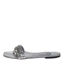 Pre Owned Gina Grey Leather Crystal Embellished Thong Flat Slides Size 38.5