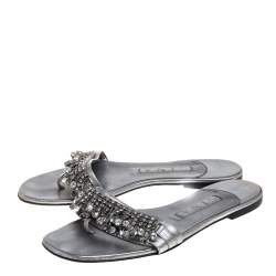 Pre Owned Gina Grey Leather Crystal Embellished Thong Flat Slides Size 38.5