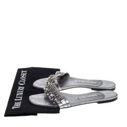 Pre Owned Gina Grey Leather Crystal Embellished Thong Flat Slides Size 38.5