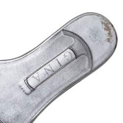 Pre Owned Gina Grey Leather Crystal Embellished Thong Flat Slides Size 38.5