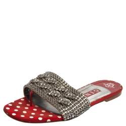 Pre Owned Gina Red Crystal Embellished Flats Sandals Size 38.5