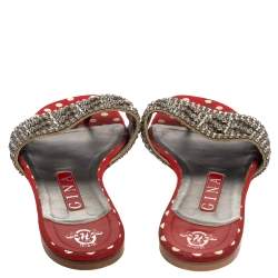 Pre Owned Gina Red Crystal Embellished Flats Sandals Size 38.5