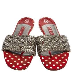 Pre Owned Gina Red Crystal Embellished Flats Sandals Size 38.5