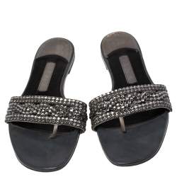 Gina Grey Leather Crystal Embellished Slide Flats Size 38.5