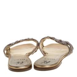Pre Owned Gina Gold Crystal Embellished Leather Flat Slides Size 40 