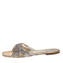 Pre Owned Gina Gold Crystal Embellished Leather Flat Slides Size 40 