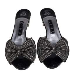 Pre Owned Gina Black Leather Embellished Bow Slide Sandals Size 38
