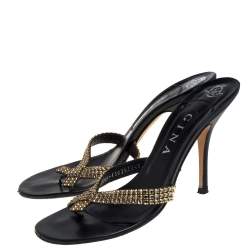Gina Black/Gold Leather Crystal Embellished Thong Slide Sandals Size 40
