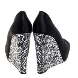 Gina Black Crystal Embellished Satin Belle Open Toe Wedge Pumps Size 40