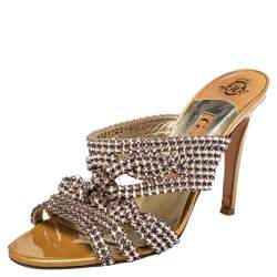مملوكة مسبقًا Gina Metallic Gold Crystal Embellished Leather Slide Sandals Size 37.5