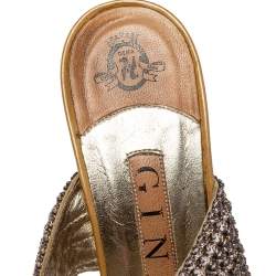مملوكة مسبقًا Gina Metallic Gold Crystal Embellished Leather Slide Sandals Size 37.5