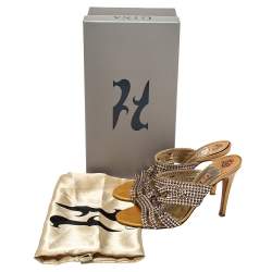 مملوكة مسبقًا Gina Metallic Gold Crystal Embellished Leather Slide Sandals Size 37.5