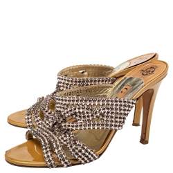 مملوكة مسبقًا Gina Metallic Gold Crystal Embellished Leather Slide Sandals Size 37.5