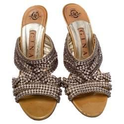 مملوكة مسبقًا Gina Metallic Gold Crystal Embellished Leather Slide Sandals Size 37.5