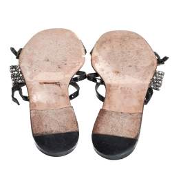 Pre Owned Gina Black Patent Leather Embellished Strappy Flat Sandals Size 39 