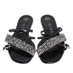 Pre Owned Gina Black Patent Leather Embellished Strappy Flat Sandals Size 39 
