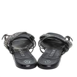 Pre Owned Gina Black Patent Leather Embellished Strappy Flat Sandals Size 39 