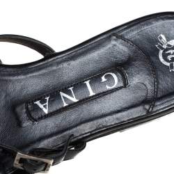 Pre Owned Gina Black Patent Leather Embellished Strappy Flat Sandals Size 39 