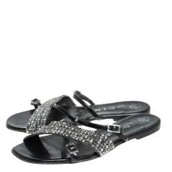 Pre Owned Gina Black Patent Leather Embellished Strappy Flat Sandals Size 39 