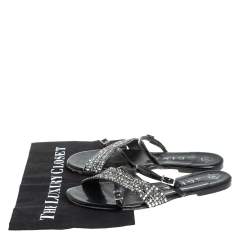 Pre Owned Gina Black Patent Leather Embellished Strappy Flat Sandals Size 39 