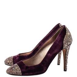 Pre Owned Gina Purple Velvet Crystal Embellishment Platform Pumps Size 40.5
