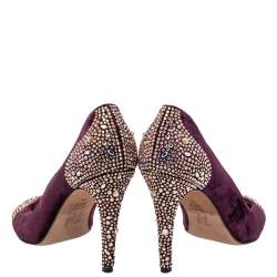 Pre Owned Gina Purple Velvet Crystal Embellishment Platform Pumps Size 40.5