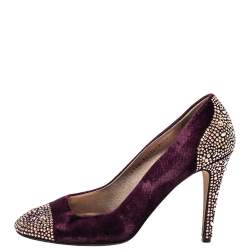 Pre Owned Gina Purple Velvet Crystal Embellishment Platform Pumps Size 40.5