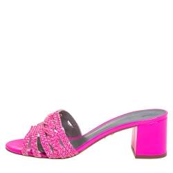 مملوكة مسبقًا Gina Pink Crystal Embellished Leather Block Heel Slide Sandals Size 40