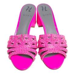 مملوكة مسبقًا Gina Pink Crystal Embellished Leather Block Heel Slide Sandals Size 40