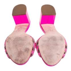 مملوكة مسبقًا Gina Pink Crystal Embellished Leather Block Heel Slide Sandals Size 40