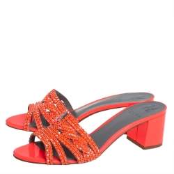 مملوكة مسبقًا صندل سلايد جينا كعب سميك جلد مزخرف كريستال برتقالي نيون مقاس 40.5