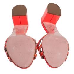 مملوكة مسبقًا صندل سلايد جينا كعب سميك جلد مزخرف كريستال برتقالي نيون مقاس 40.5