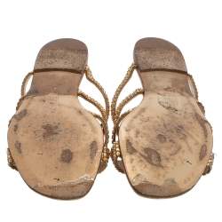 مملوكة مسبقًا Gina Gold Leather Crystal Embellished Flat Slides Size 38.5
