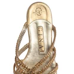 مملوكة مسبقًا Gina Gold Leather Crystal Embellished Flat Slides Size 38.5
