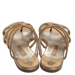 مملوكة مسبقًا Gina Gold Leather Crystal Embellished Flat Slides Size 38.5