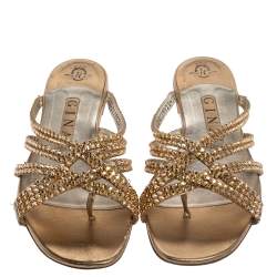 مملوكة مسبقًا Gina Gold Leather Crystal Embellished Flat Slides Size 38.5