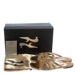 مملوكة مسبقًا Gina Gold Leather Crystal Embellished Flat Slides Size 38.5