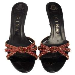 Pre Owned صندل سلايد جينا مزخرف كريستال جلد أسود مقاس 38