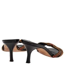 Pre Owned صندل سلايد جينا مزخرف كريستال جلد أسود مقاس 38