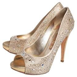 Pre Owned Gina Gold Satin Peep toe Pumps Size 38.5